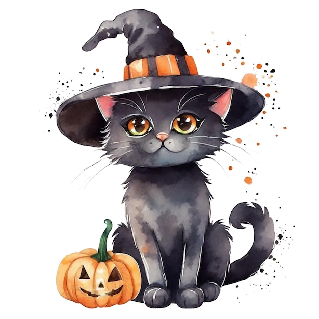 Foto aquarela halloween gato gatinho preto em chapéus com abóboras