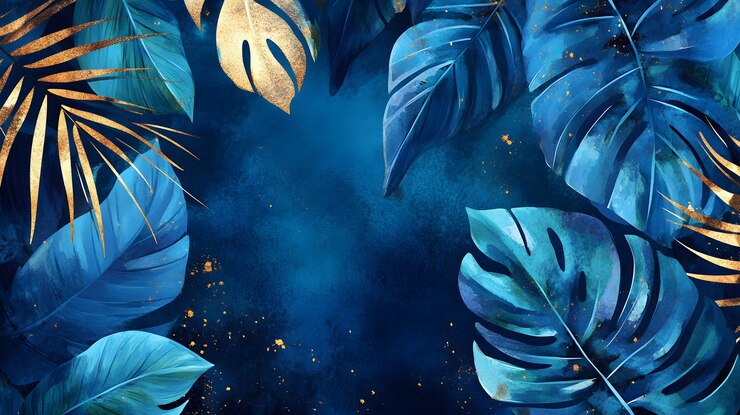 Aquarela de hojas tropicales doradas y azules