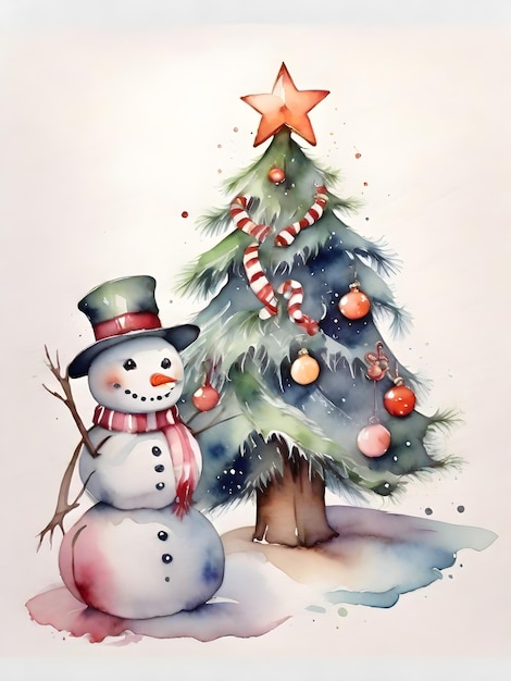 Aquarela Hombre de Nieve con árbol de Navidad y regalos