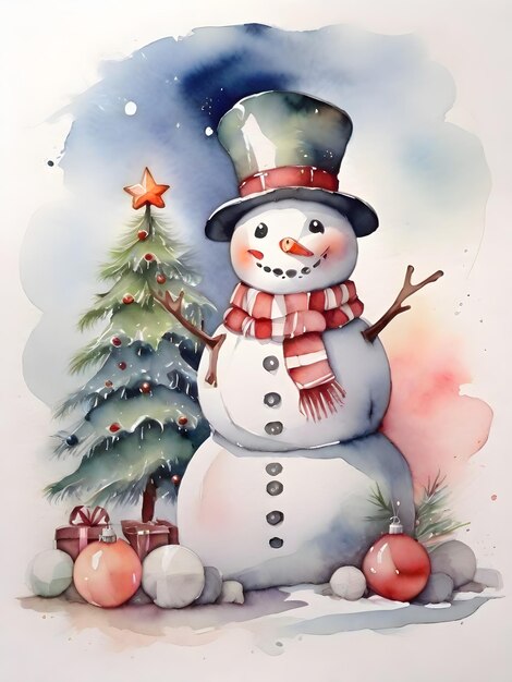 Aquarela Hombre de Nieve con árbol de Navidad y regalos