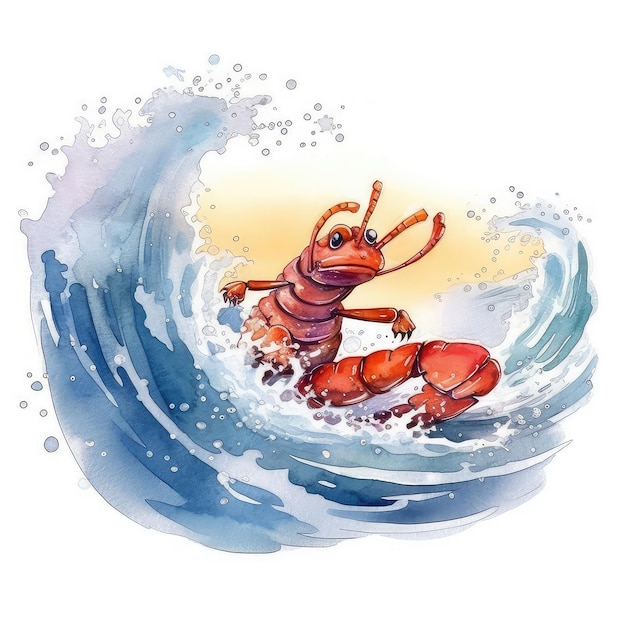 Aquarela ilustração de lagosta desenhada à mão pulando da onda espumosa do oceano brincalhão