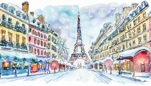 Foto aquarela ilustração desenhada à mão natal em paris com flocos de neve