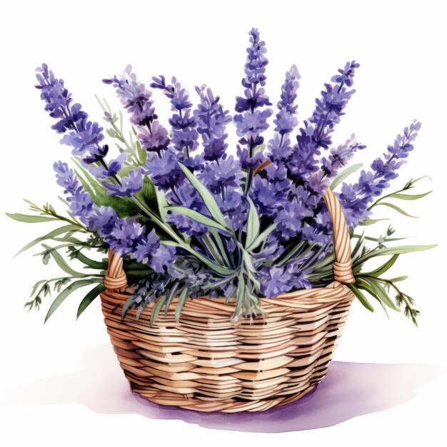 Foto aquarela ilustração floral de flores de lavanda em uma cesta