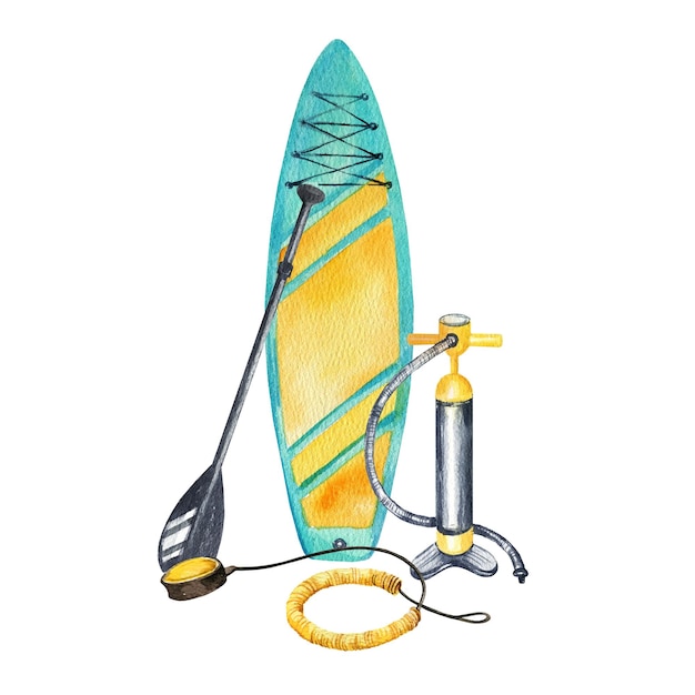 Aquarela inflável paddleboard black paddles bomba cinto de segurança ilustração desenhada à mão de brilhante stand up paddle board SUP e equipamento esboço simples de férias de verão na água mar oceano