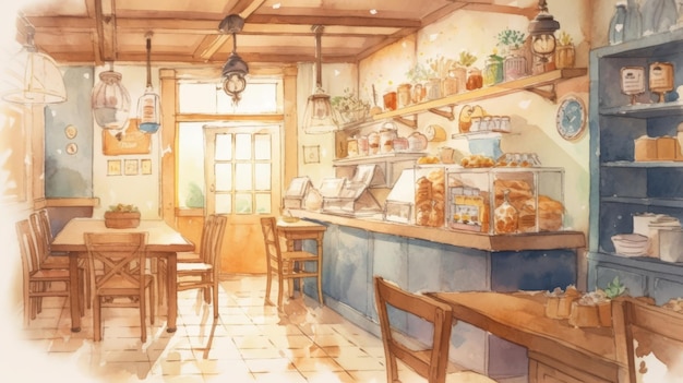 Aquarela interior de um café aconchegante com luz brilhante