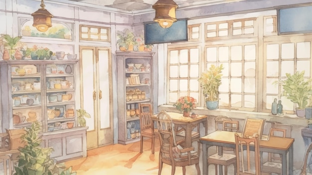 Aquarela interior de um café aconchegante com luz brilhante