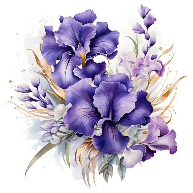 Aquarela iris belas flores isoladas em fundo branco Ilustração floral desenhada à mão cartão de saudação