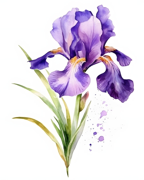 Foto aquarela iris flores roxas com folhas isoladas em branco