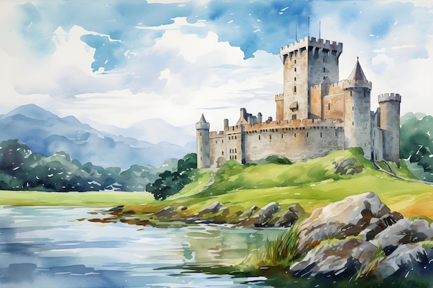 Aquarela Irlanda Pintura da torre do castelo Paisagem de fundo pintada para ilustração Arte gráfica