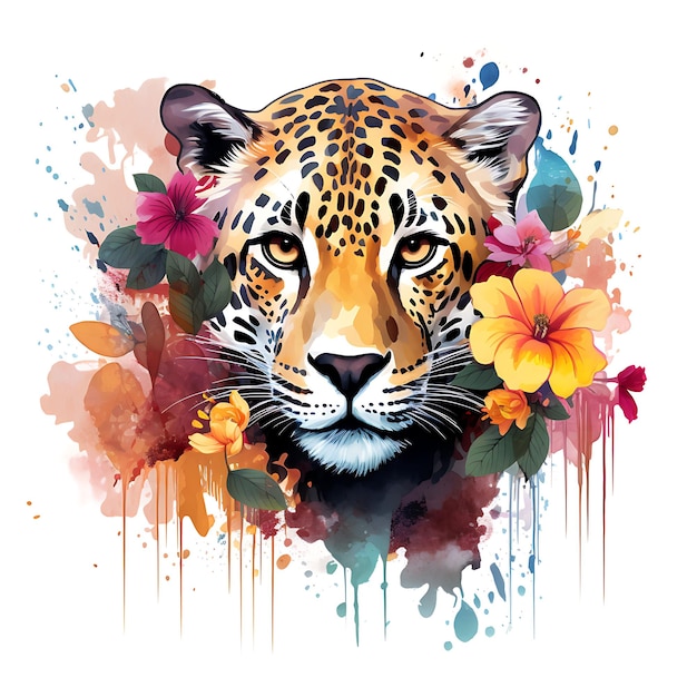 Aquarela Jaguar Animal Selvagem Cercado por Passifloras F em Fundo Branco Arte Digital