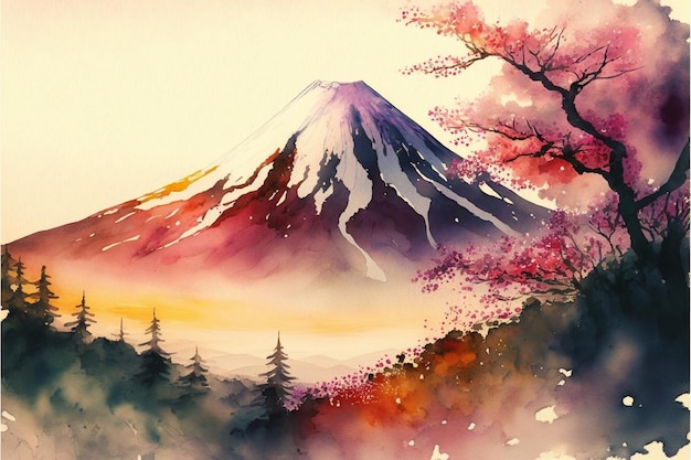 Aquarela Japão Fuji Mountain Generative Ai