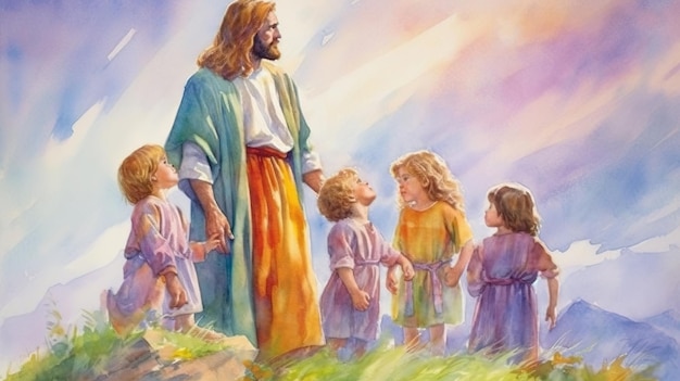 Foto aquarela jesus cristo com crianças