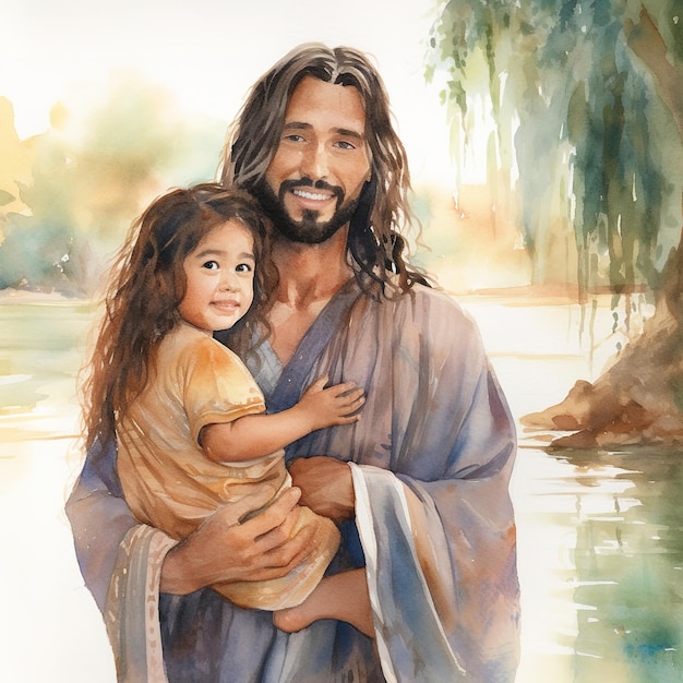 aquarela Jesus Cristo com crianças