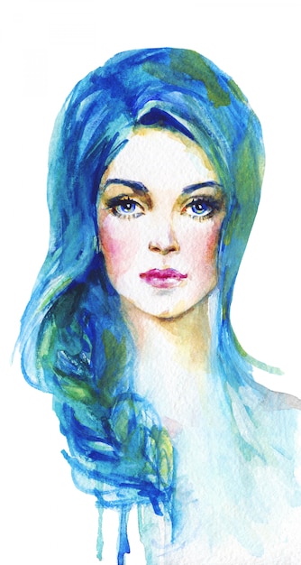 Foto aquarela jovem mulher com cabelo azul. retrato desenhado de mão de mulher. ilustração de moda pintura isolada