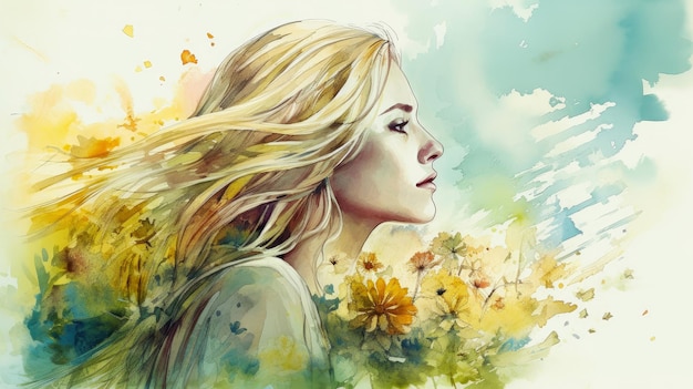 Foto aquarela jovem mulher com flores retrato de arte