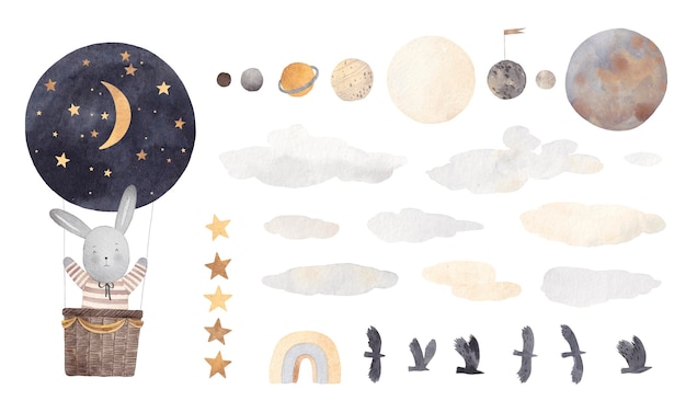 Aquarela juego gracioso conejo moscas en globos planetas estrellas pájaros nubes decoración para un niño