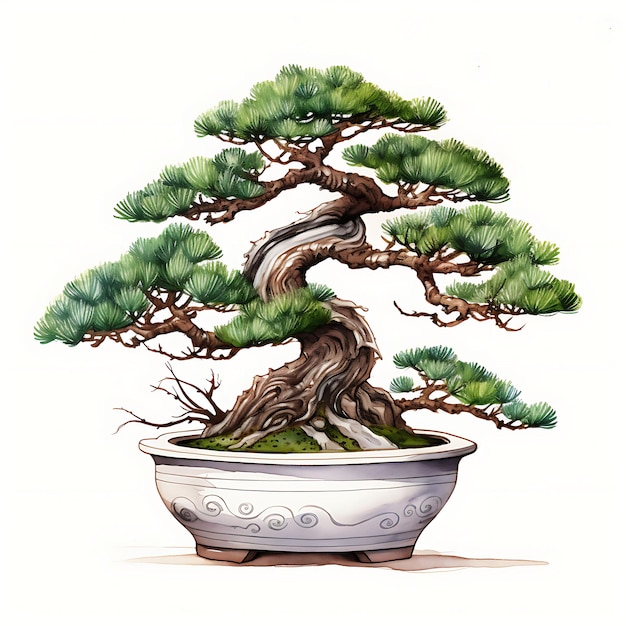 Foto aquarela juniper bonsai árvore pot cerâmica agulha como folhas zen inspi clipart t-shirt isolado