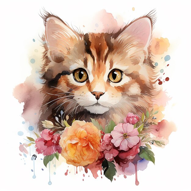 aquarela_kitten_portrait_with_flowers_clipart