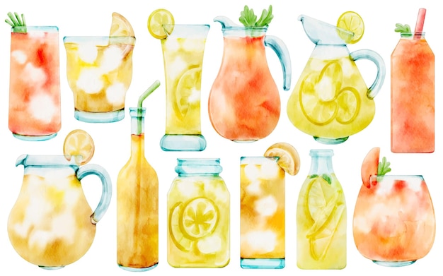 Aquarela Lemonada de cítricos Bebida Ilustración de verano Refrescante Limón Pomelo Naranja Hielo