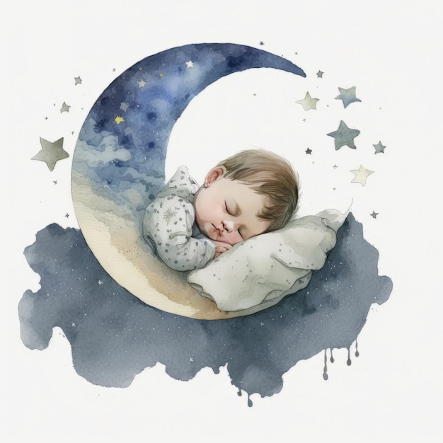 Aquarela lindo bebê dormindo na lua Ilustração AI Generative