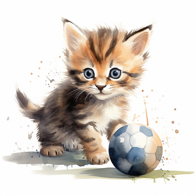 Aquarela lindo gatito animal con bola de juego dibujo AI Generado Arte