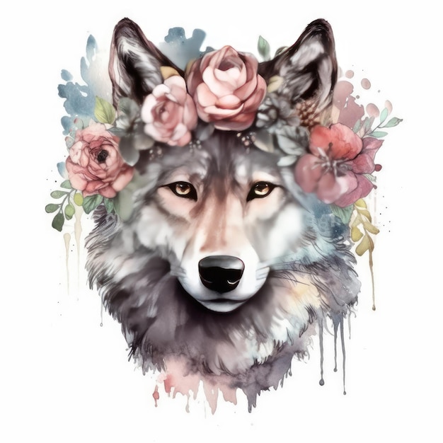 Aquarela lobo com flores na cabeça