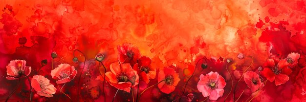 Aquarela lúdica de amapolas caprichosas contra un fondo rojo vibrante añadiendo una audaz y alegre IA generativa