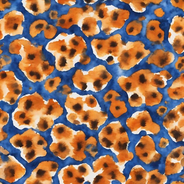 Foto aquarela manchas de leopardo laranja em modelo de padrão sem costura azul brilhante para decorar desenhos e