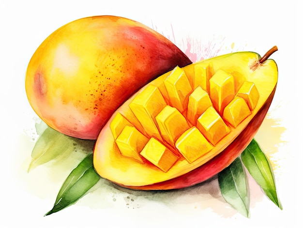 Aquarela de mango aislado acuarela amarilla frutas tropicales cortadas acuarela creativa de mango en blanco