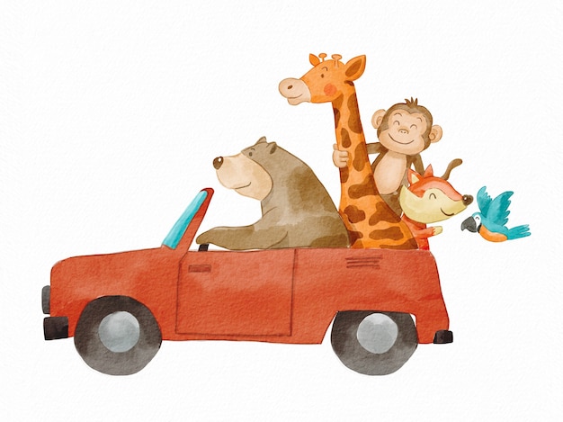 Aquarela mão desenhar ilustração, urso, girafa, macaco, raposa e papagaio em um carro.