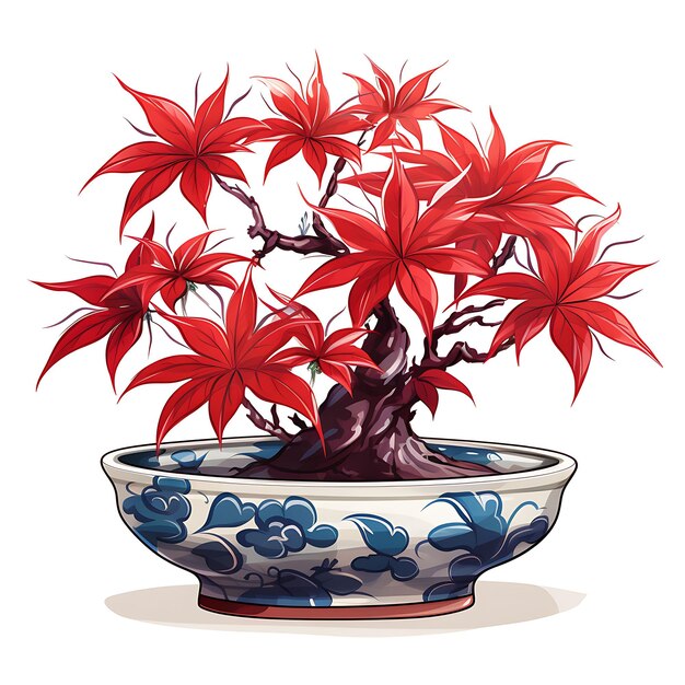 Foto aquarela maple bonsai árvore porcelana vaso palma folhas tema carmesim clipart t-shirt isolado