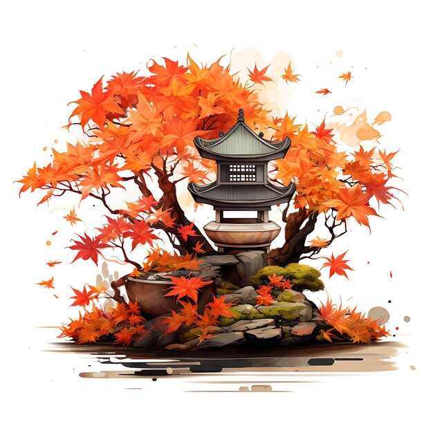 Foto aquarela maple bonsai pot clay palmate leaves autumnal tema conceito clipart t-shirt isolado
