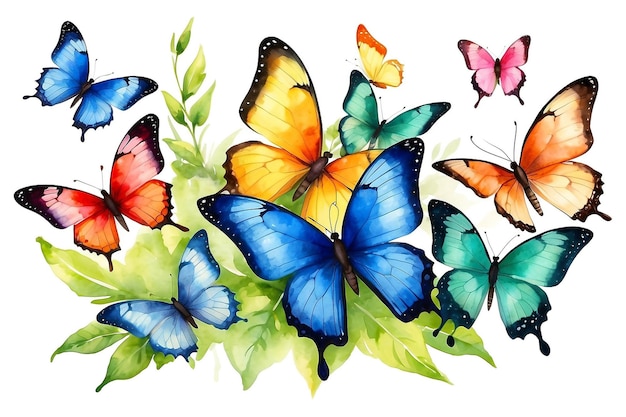 Aquarela mariposas coloridas aisladas en fondo blanco ilustración de primavera