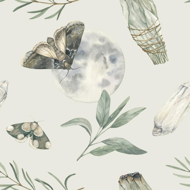 Aquarela mariposas sálvia cristal vintage ilustração fundo design para cartão tecido impressão saudação pano cartaz roupas têxteis mão desenhada padrão sem costura
