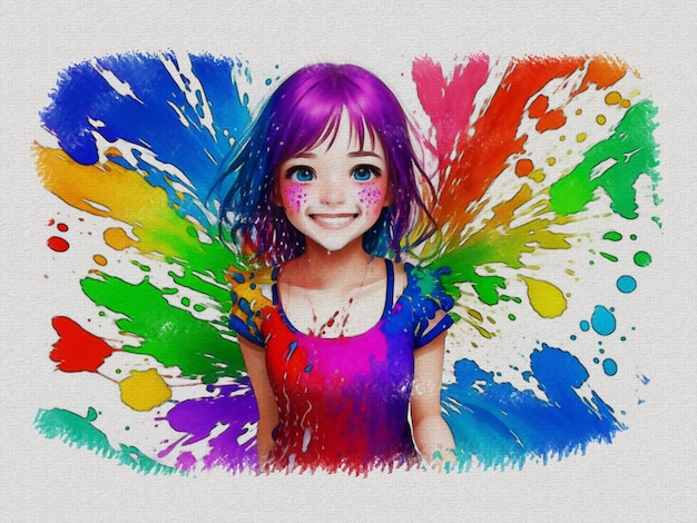 Foto aquarela menina bonita com ilustração de arte colorida em fundo de textura de papel branco