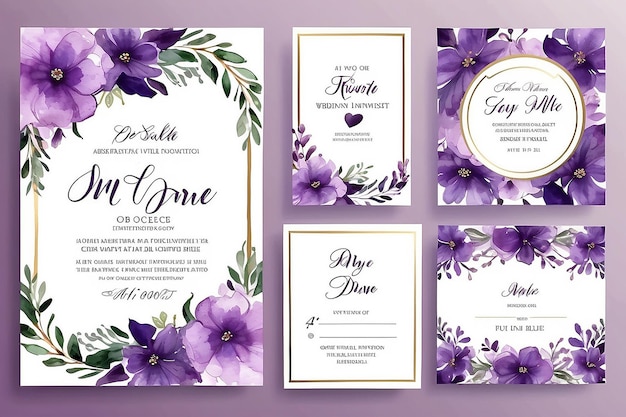 Aquarela modelo de convite de casamento conjunto com romântico roxo violeta floral e folhas decoração