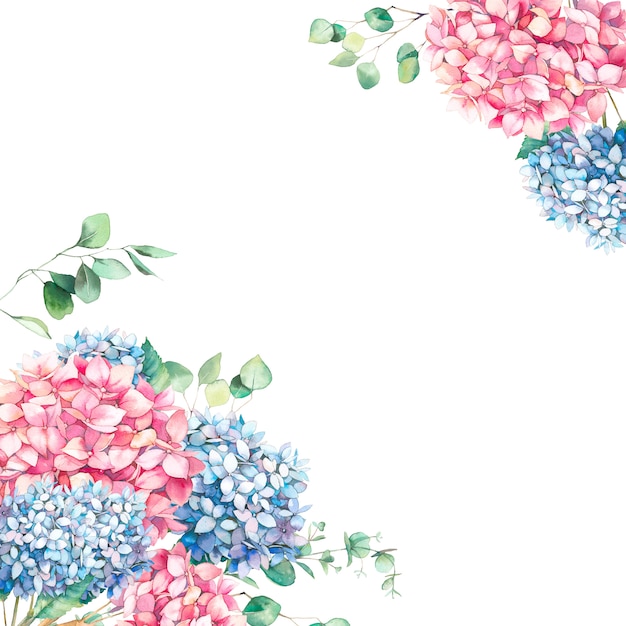 Aquarela moldura vintage com hortênsia e folhas de eucalipto. mão pintado fundo floral com elementos florais, flores cor de rosa e azuis. design de convite estilo jardim