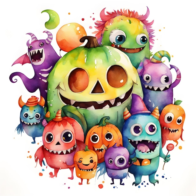 Aquarela monstros de Halloween clipart generativo ai