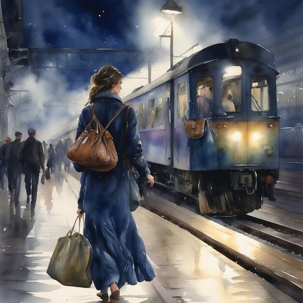 Foto aquarela mujer de la estación de tren nocturna