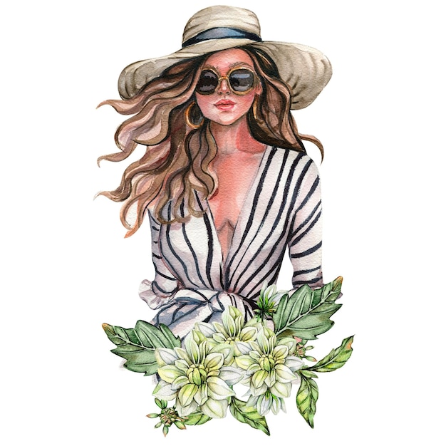 Aquarela mujer de moda y composición de dahlia blanca