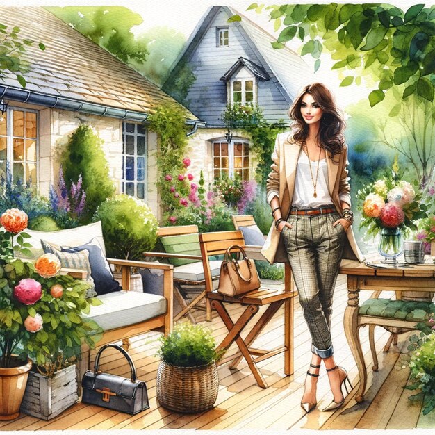 Foto aquarela mulher de moda em cottage patio clipart