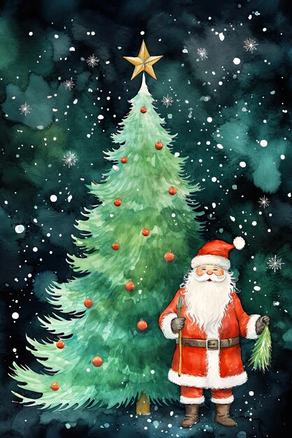 Aquarela Natal Pai Natal Papel Digital Árvore de Natal Fundo Cartão de Convidos de Natal