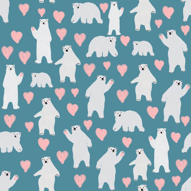 Aquarela Navidad patrón repetido con oso blanco y corazones rosados lindos