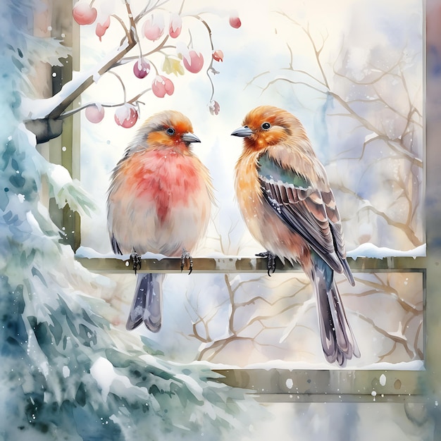 Aquarela_o_casal_pássaro_perched_on_a_window_in_the_winter_aquarela_cute_handdrawn_