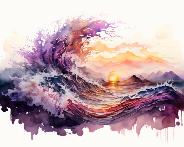 Aquarela oceano no pôr-do-sol ondas de água aquarela arte ilustração abstrata