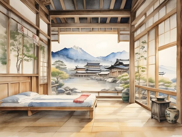 Aquarela onsen spa en cada lugar famoso Japón y Corea papel tapiz artístico de viajes de aguas termales