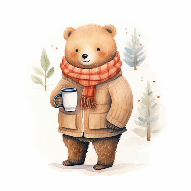 Aquarela oso lindo vestido con ropa de invierno en jardín de infantes de fondo blanco