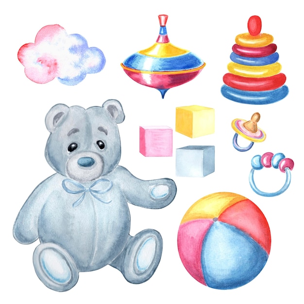 Aquarela oso de peluche con juguetes de bebé pirámide colorida y girando arriba conjunto de nubes rosadas de