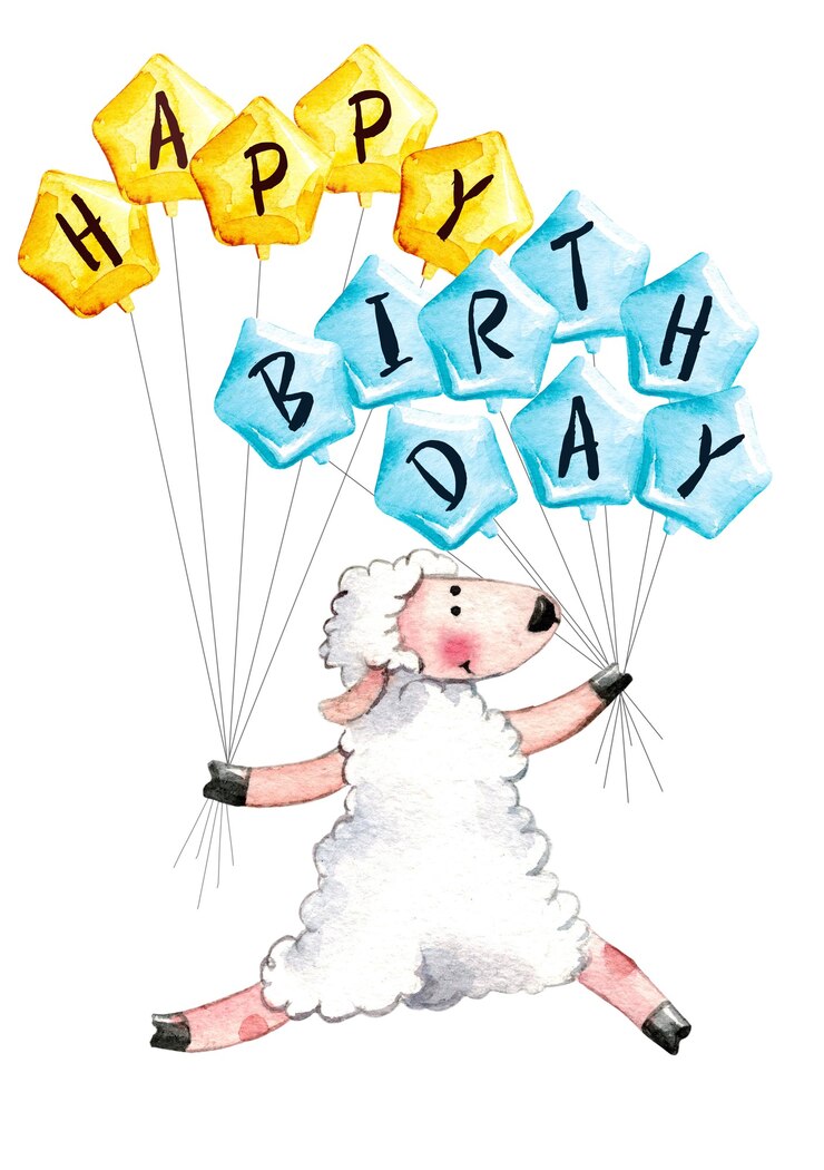 aquarela ovelha personagem fofa com balões design de cartões de feliz aniversário