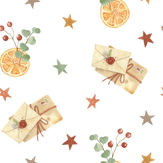 Foto aquarela padrão de natal sem costura com bagas de eucalipto laranja de correio fundo escandinavo ilustrações de férias feitas à mão para cartões de design linhos papel de parede tecido embrulho têxtil